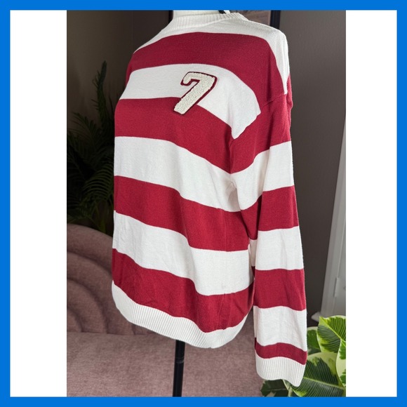Zara Striped Knit Sweater Red White Number 7 Applique Preppy Collegiate Pullover - Picture 9 of 13